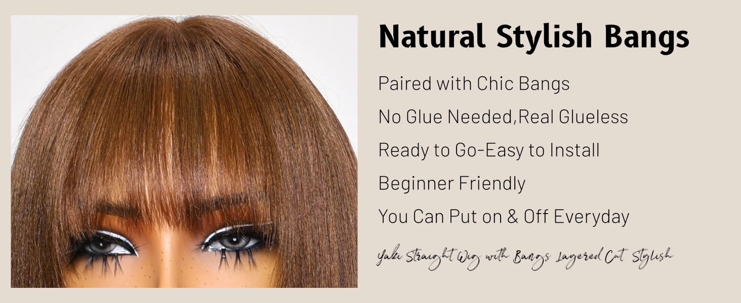 Yaki Straight With Bangs Layered Cut - Lace Front Human Hair Glueless Ready To Wear Wig