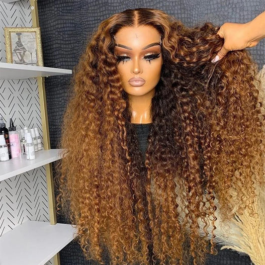 Deep Wave Curly Highlight Honey Brown Lace Front - Human Hair Wigs