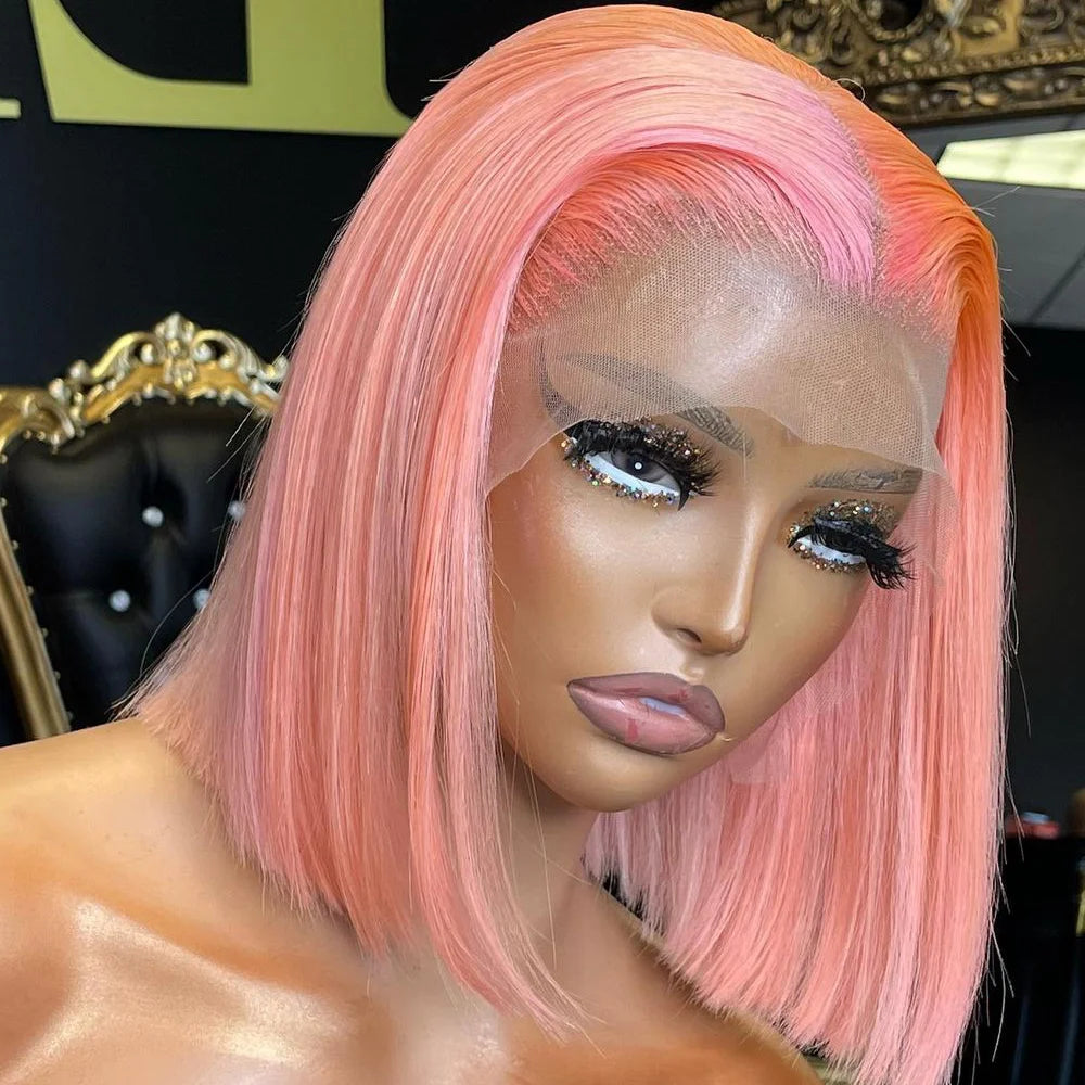 Rose Pink Short Straight Bob Pre Plucked HD Transparent Lace Front Human Hair Wig