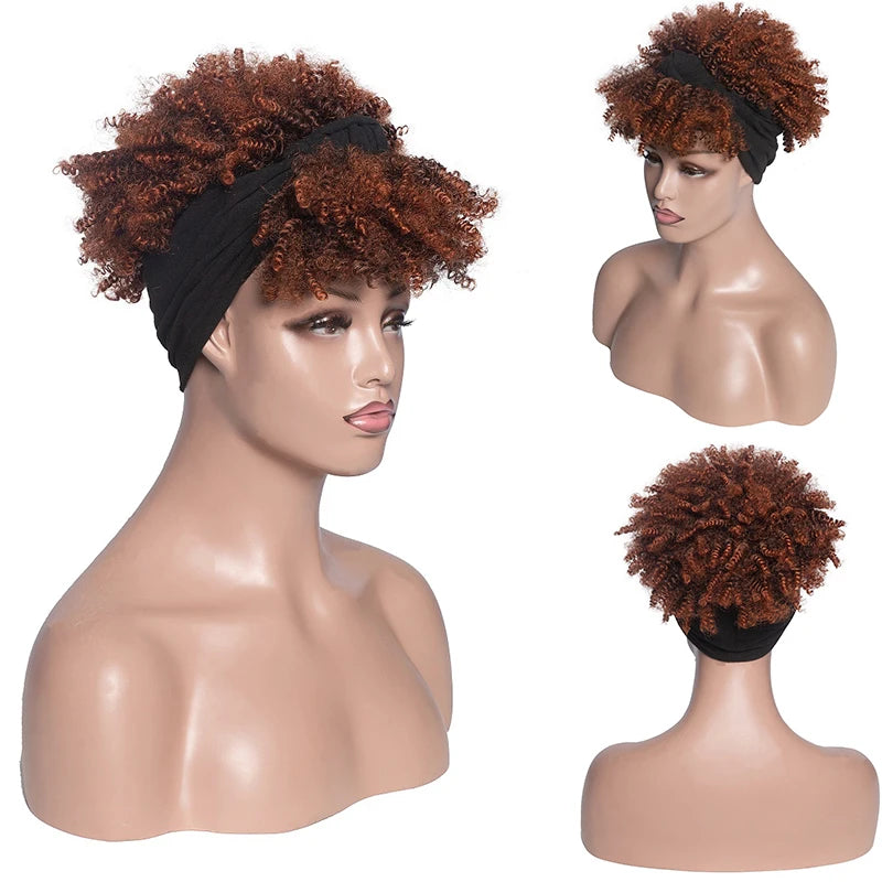 Short Kinky Curly Headband Synthetic Wigs With Bangs - Various Headband and Hair Colors Available