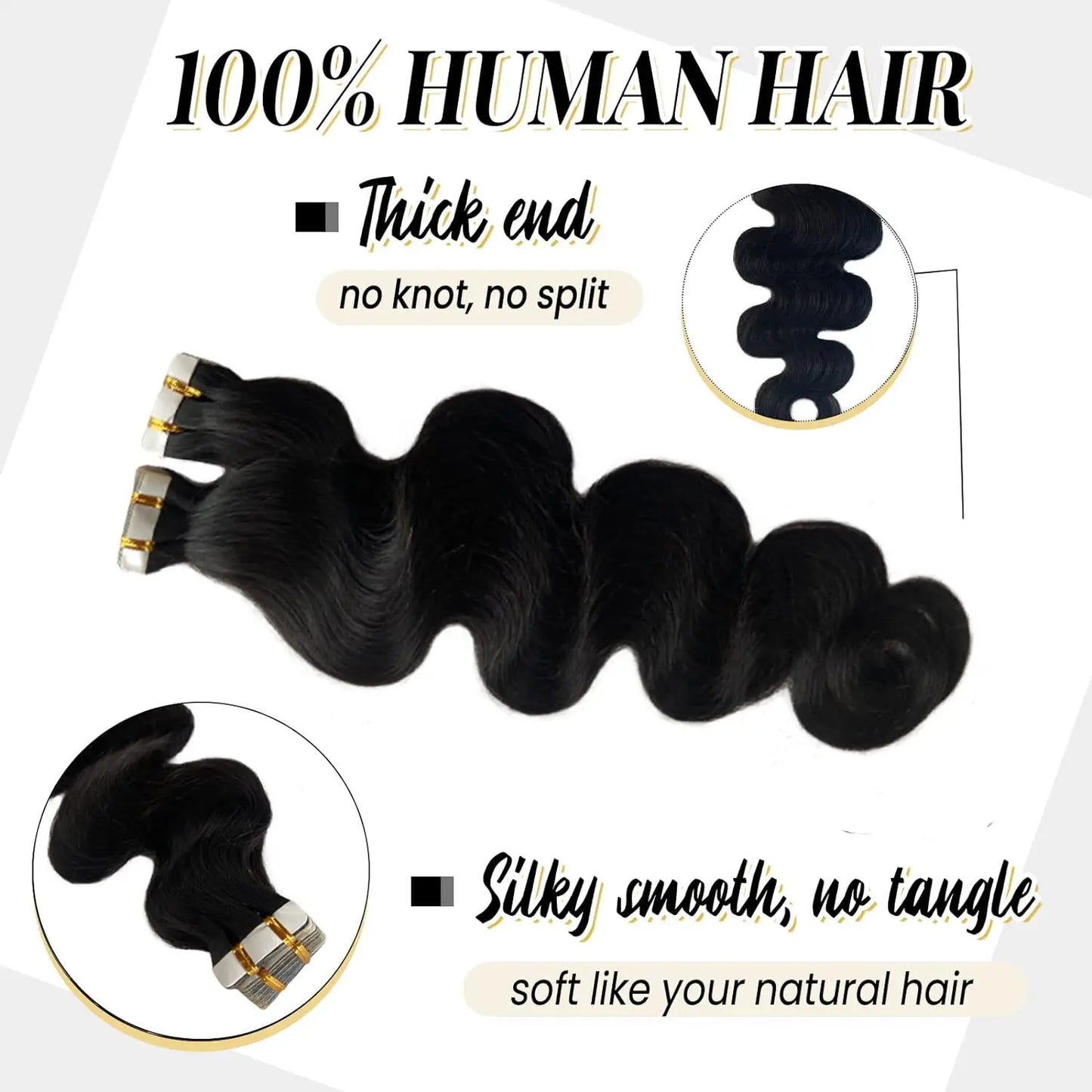 Body Wave Human Hair Tape - In Extensions, Natural Color (1B)