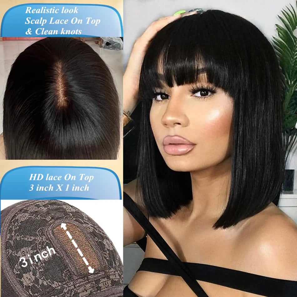 Wiggogo Bone Straight Bob With Bangs - Middle Part Lace Human Hair Wig
