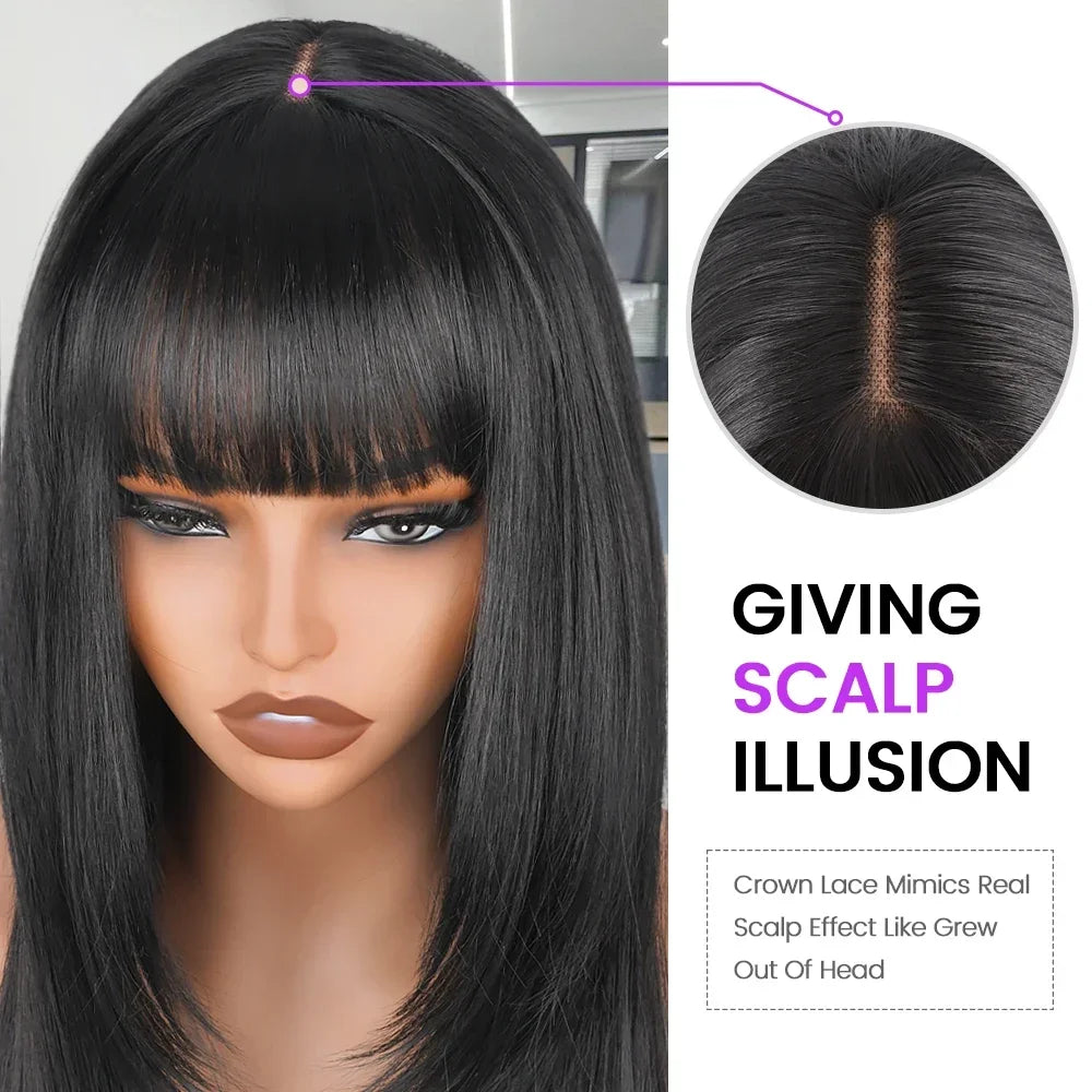 Synthetic Straight Layered Cut HD Lace Wigs With Bangs - Cinnamon and Black Colors Available