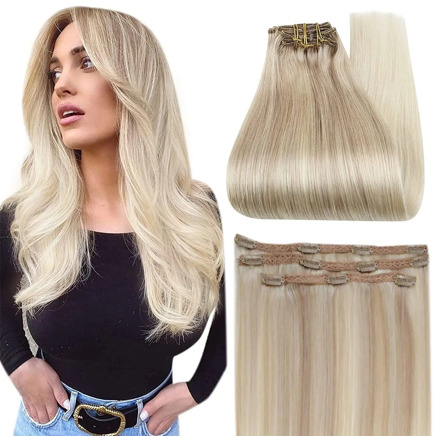 Full Shine Straight Human Hair 3pc Clip in Hair Extensions  - Various Colors Available