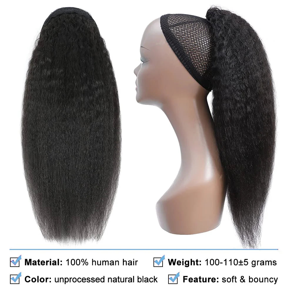 Yaki Straight 100% Human Hair Wrap Around Drawstring Ponytail Natural Black 1B
