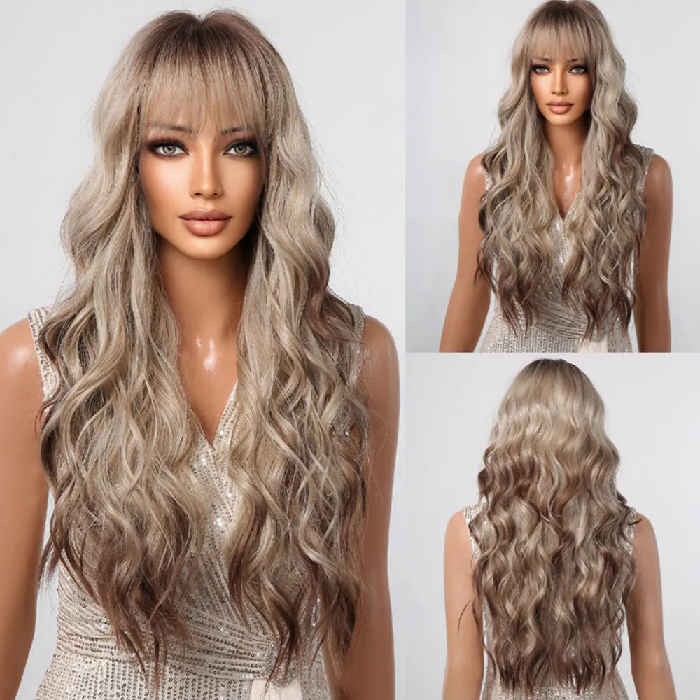 Long Curly Wavy Heat Resistant Synthetic Wigs With Bangs - Various Colors Available