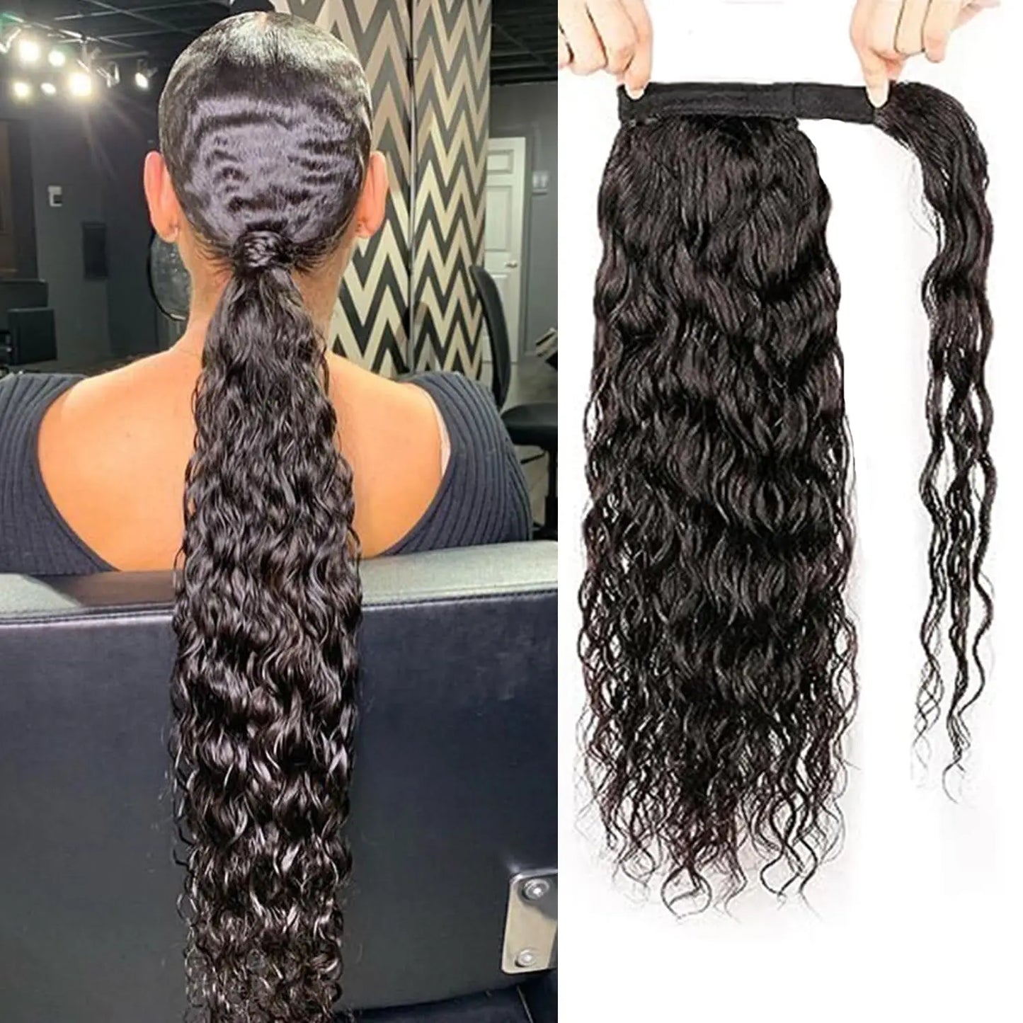 Human Hair Wrap Around Ponytail 10-32 Inches; Available in Straight, Body Wave, Water Wave & Kinky Curly (Natural Color)