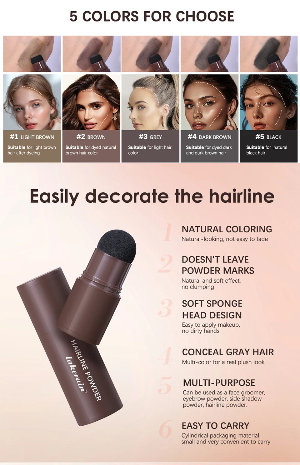 Hairline Shadow Powder Hair Waterproof Hairline Root Cover Up Natural Black Brown Eyebrow Contour Stick Repair Fill in Hair Tool
