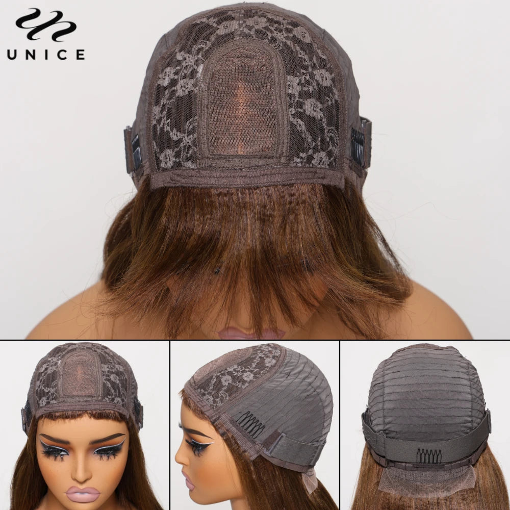 Yaki Straight With Bangs Layered Cut - Lace Front Human Hair Glueless Ready To Wear Wig