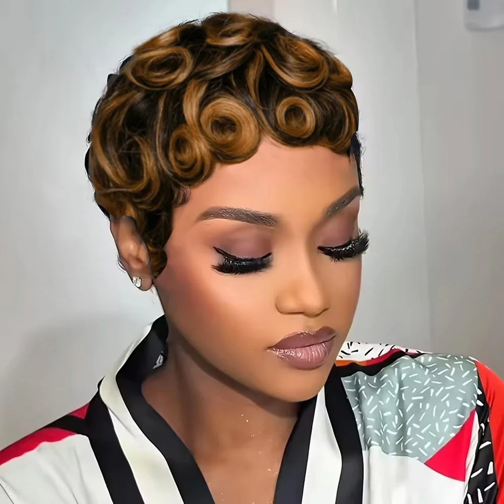 Women's Human Hair Pixie Cut Wig - Short Pin Curls