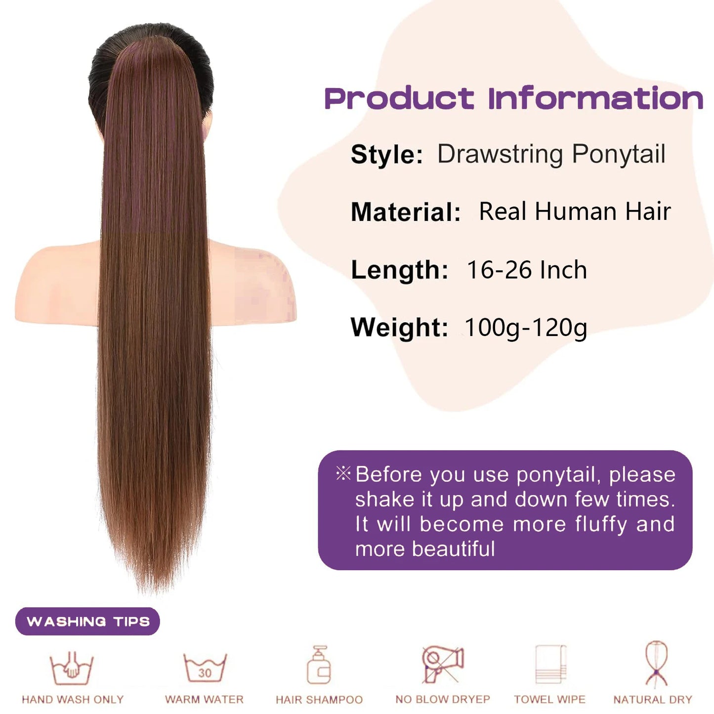 Straight Drawstring Ponytail #4 Medium Brown Color Brazilian Remy Human Hair