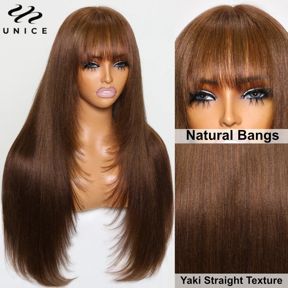 Yaki Straight With Bangs Layered Cut - Lace Front Human Hair Glueless Ready To Wear Wig