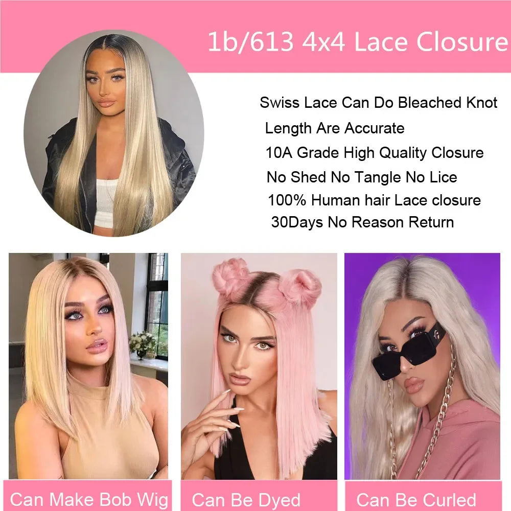 Brazilian Virgin Human Hair Straight Swiss Lace Closure HD Transparent 1B  & 613 Honey Blonde