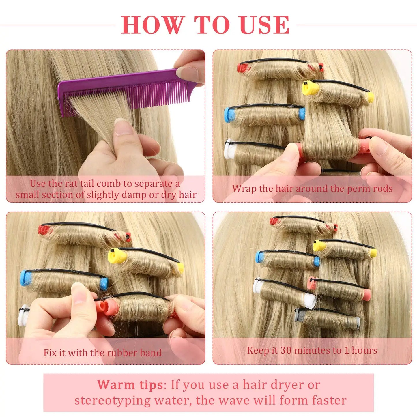 72 Pieces Hair Perm Rods Set Short Plastic Perming Rod Cold Wave Rods 6 Sizes Hair Curling Rollers With 1 Piece Steel Hair Comb