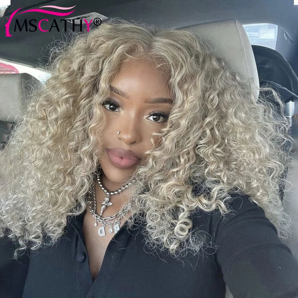 Kinky Curly Ash Blonde  - Transparent Lace Frontal Human Hair Wig