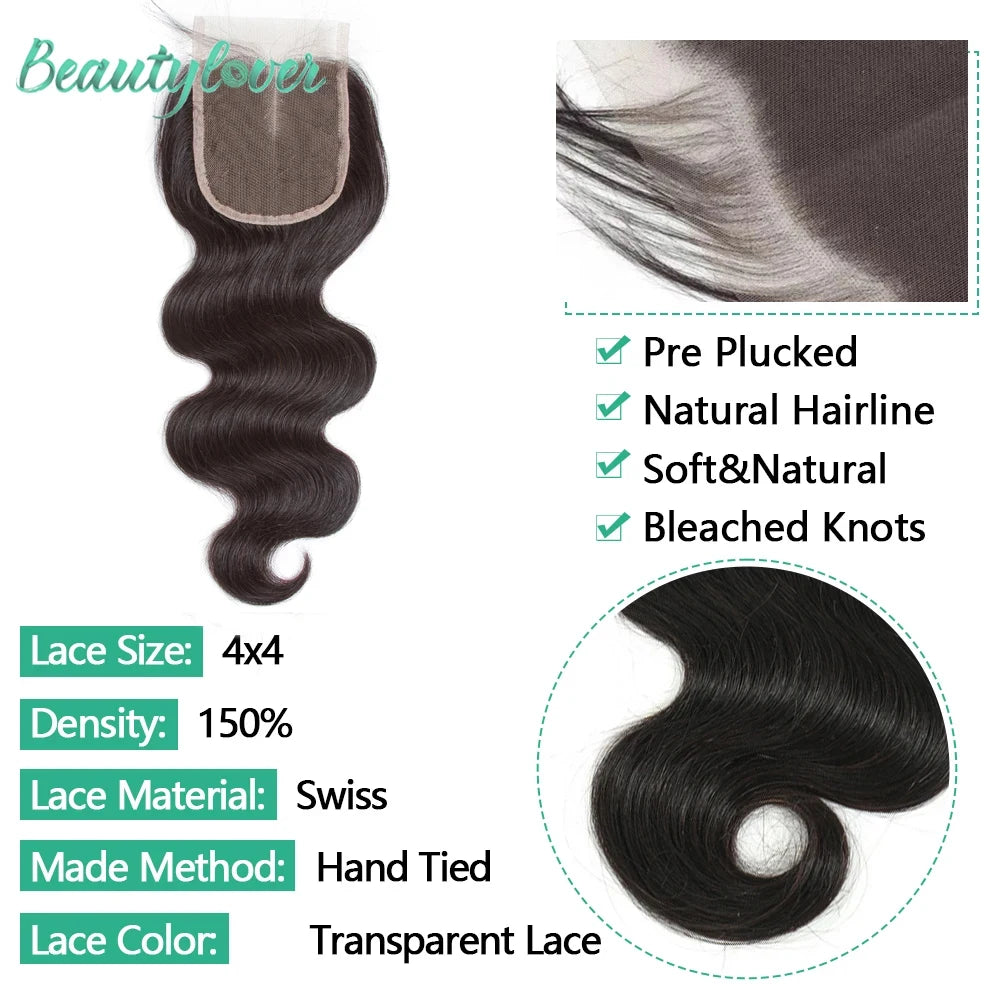 Body Wave Transparent Lace Closure With Baby Hair - Human Hair - Various sizes