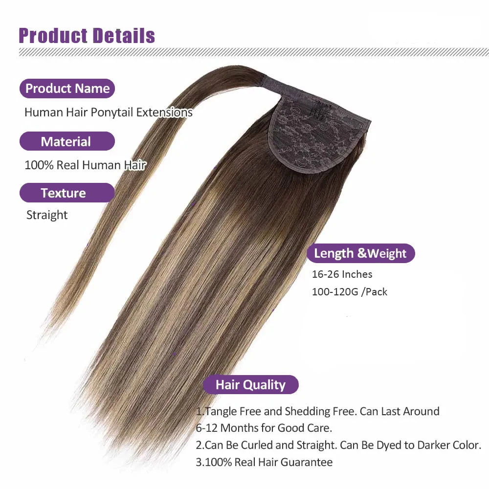 Straight Wrap Around Clip In Human Hair Ponytail, Ombre Highlight #4/27 Colors