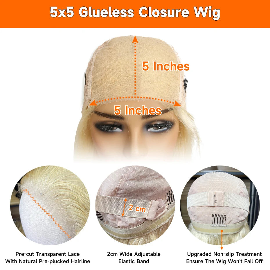Remy Straight Blonde - Glueless Pre Plucked Lace Human Hair Ready to Go Wig
