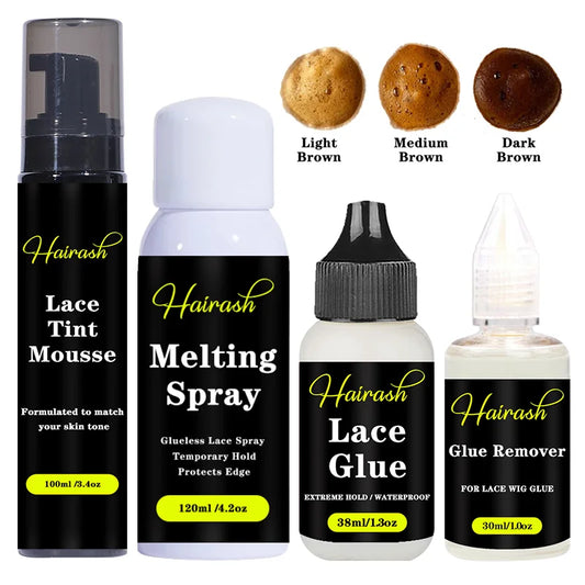 Wig Installation Kit Set includes : Melting Spray, Lace Tint Mousse, Wig Glue Waterproof  & Glue Remover