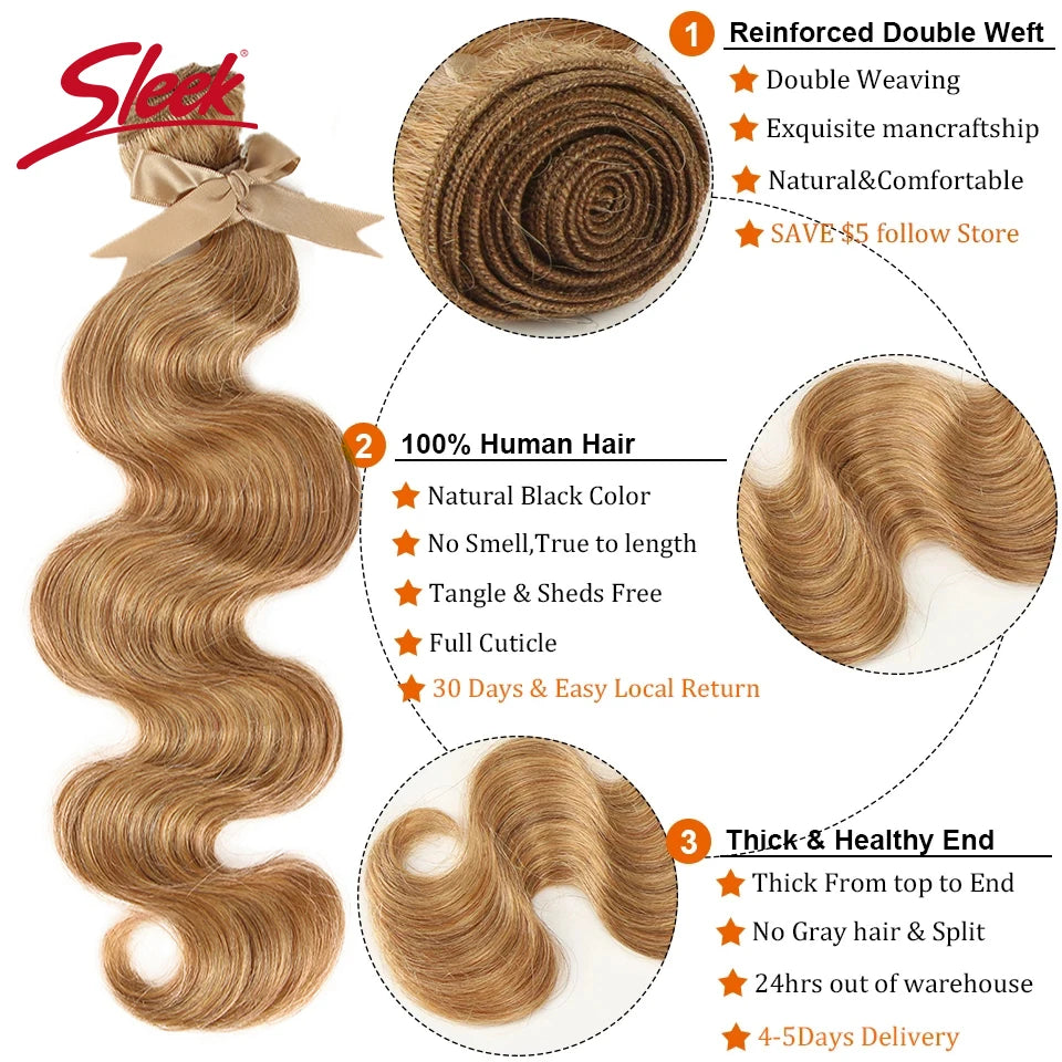 Honey Blonde 27 Colored Brazilian Body Wave Natural Remy Human Hair Bundles