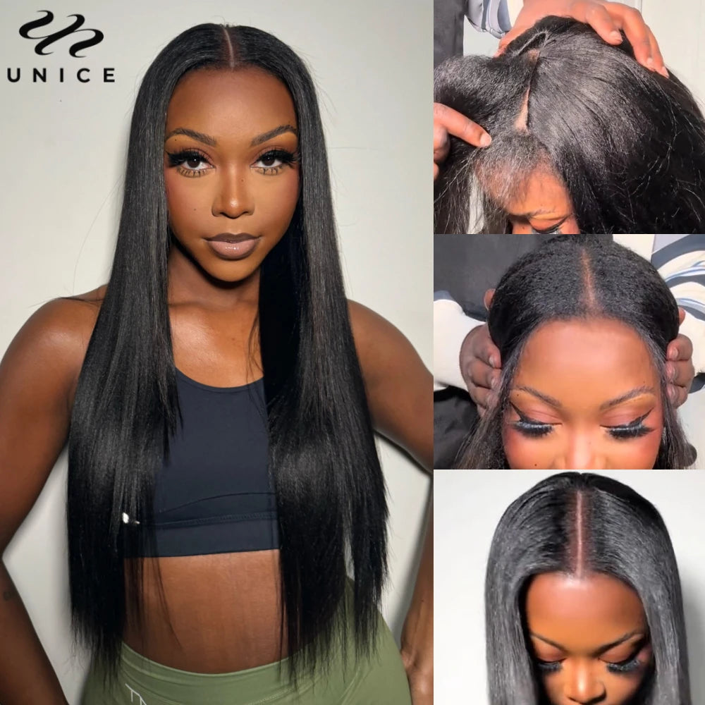 Drawstring Yaki Straight V Part Human Hair Wigs Mini Leave-Out
