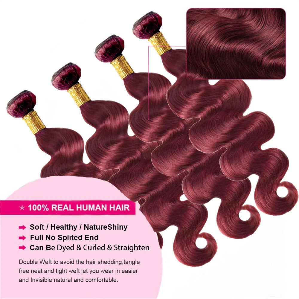 Burgundy Body Wave Bundles With Frontal 13x4 Lace 100% Human Hair Bundles With Closure