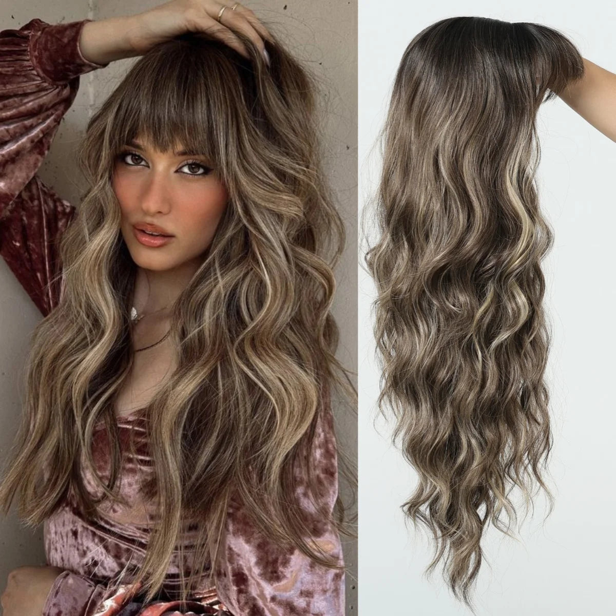 Long Curly Wavy Heat Resistant Synthetic Wigs With Bangs - Various Colors Available