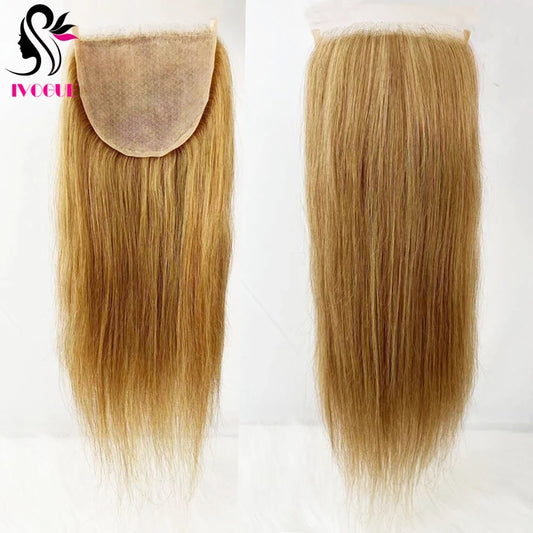 Golden Blonde #27 Human Hair Skin Base Silicone Silk Top Lace Closure Pre Plucked with Baby Hair & Free Part