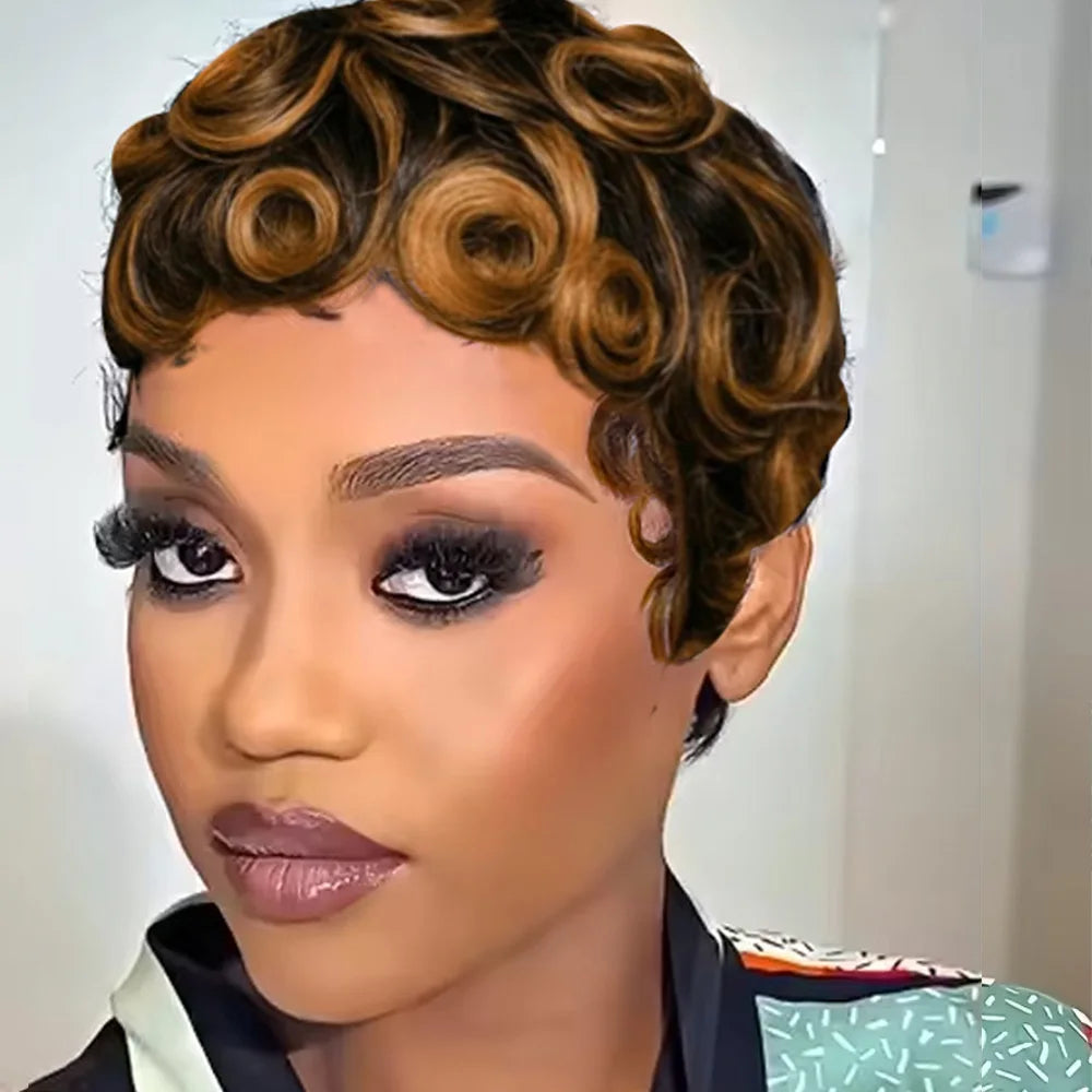 Women's Human Hair Pixie Cut Wig - Short Pin Curls