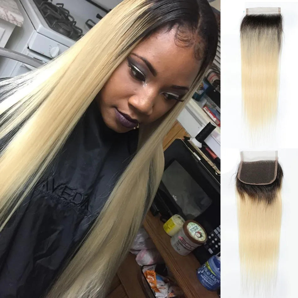 Brazilian Virgin Human Hair Straight Swiss Lace Closure HD Transparent 1B  & 613 Honey Blonde