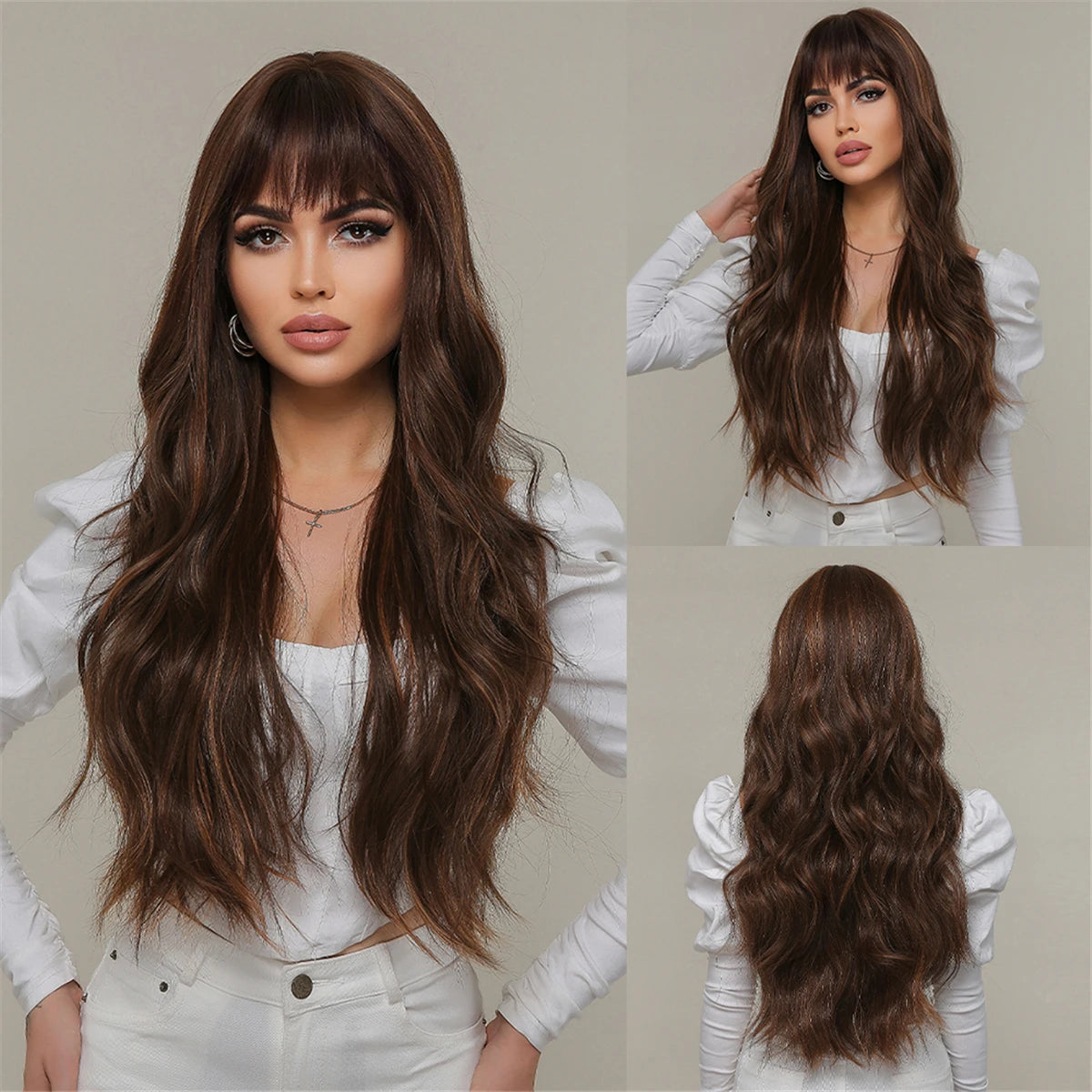 Long Curly Wavy Heat Resistant Synthetic Wigs With Bangs - Various Colors Available