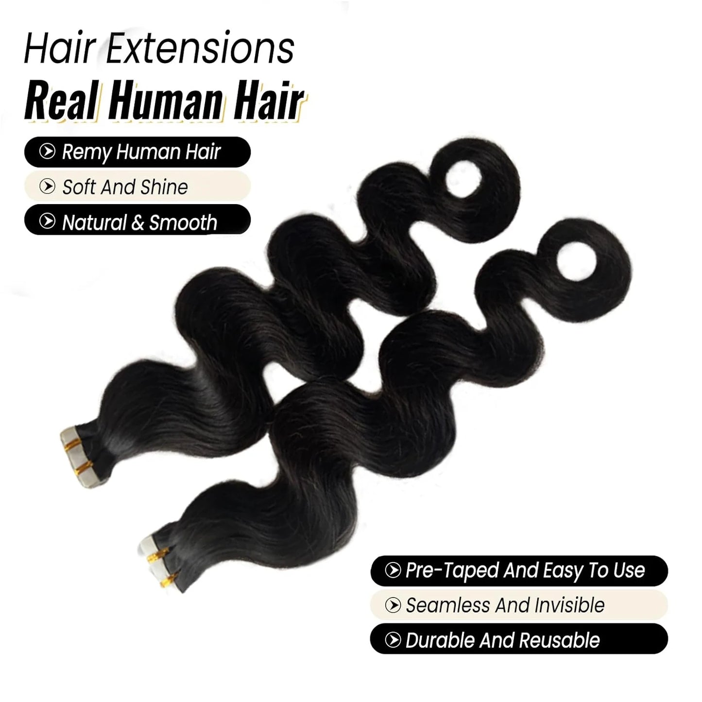 Body Wave Human Hair Tape - In Extensions, Natural Color (1B)