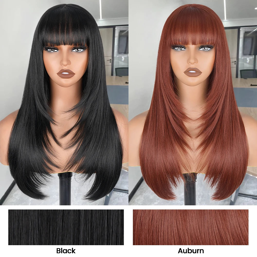 Synthetic Straight Layered Cut HD Lace Wigs With Bangs - Cinnamon and Black Colors Available
