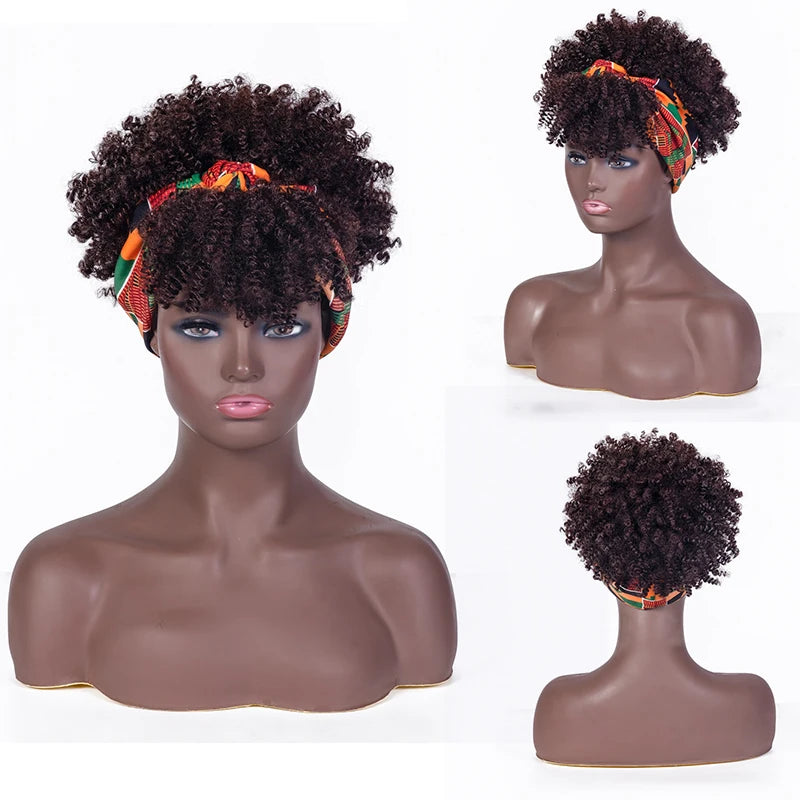 Short Kinky Curly Headband Synthetic Wigs With Bangs - Various Headband and Hair Colors Available