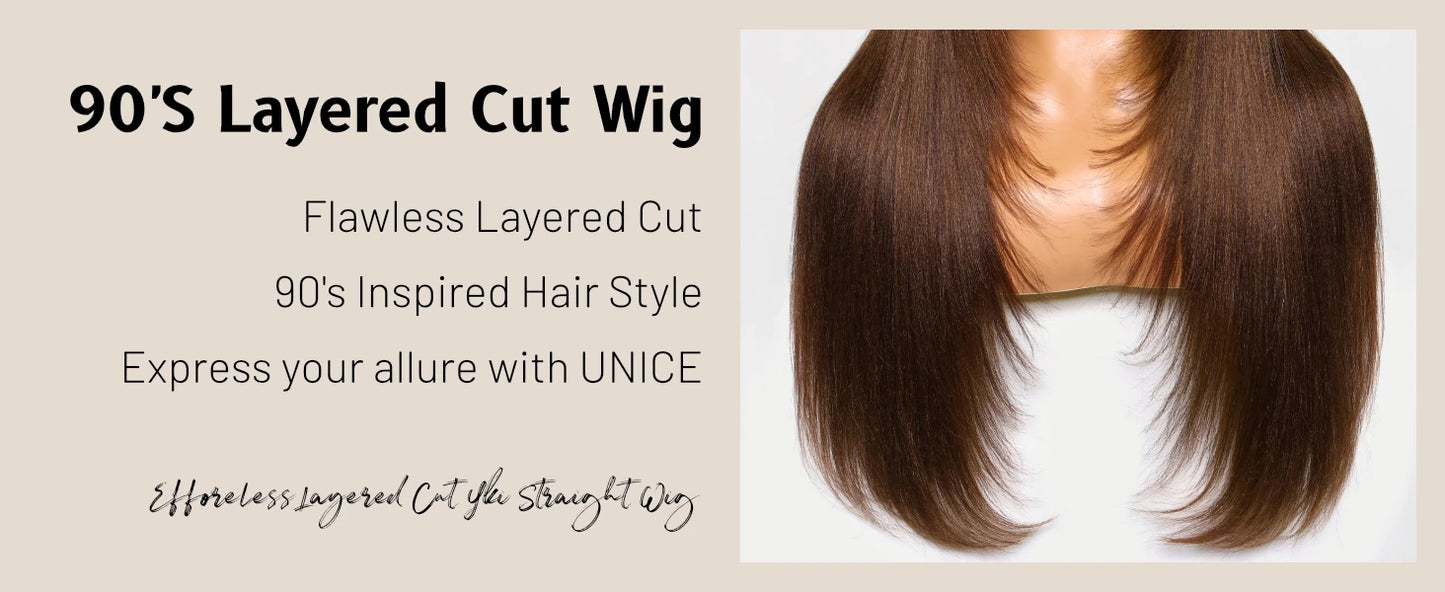Yaki Straight With Bangs Layered Cut - Lace Front Human Hair Glueless Ready To Wear Wig