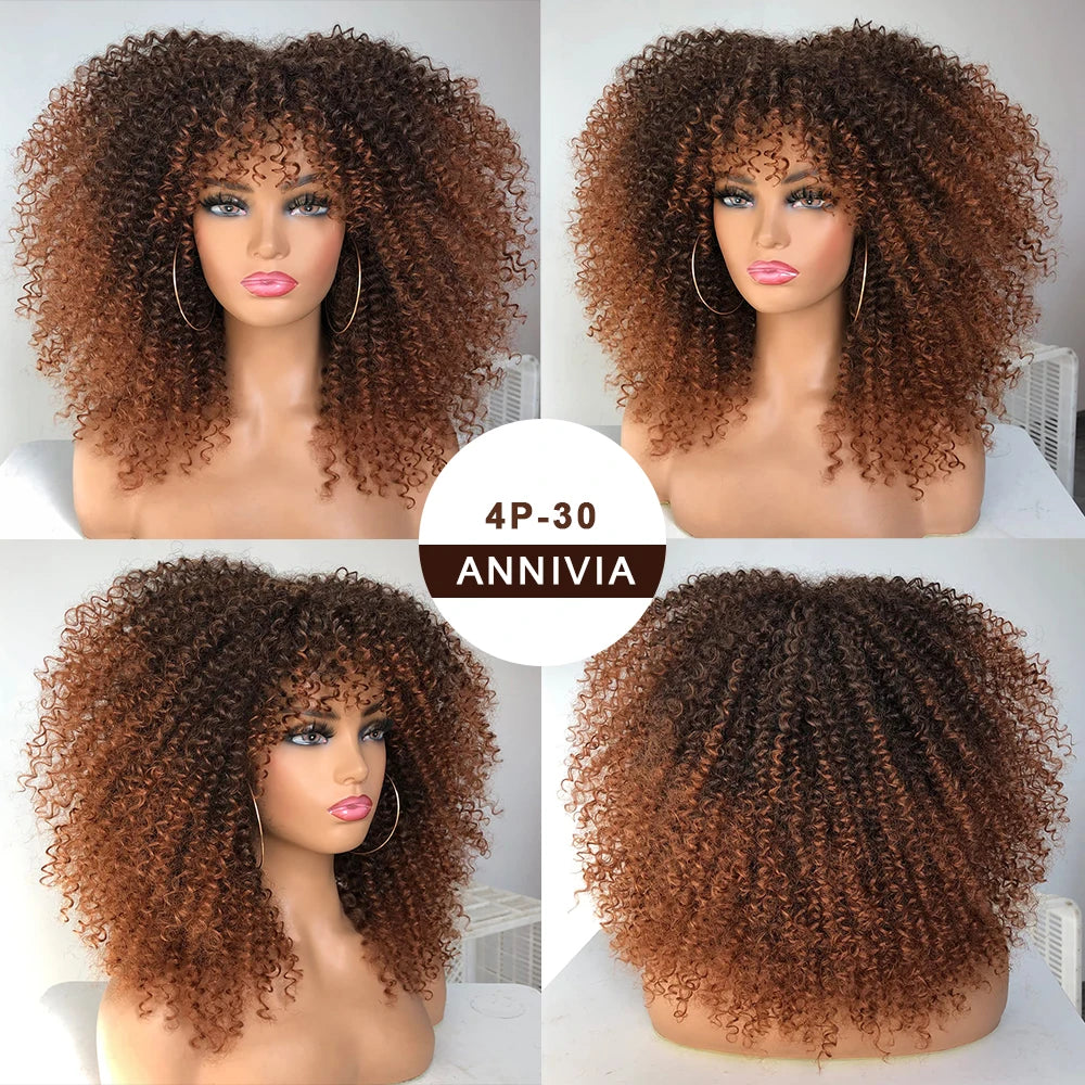 Synthetic Kinky Curly Wigs With Bangs - Various Colors Available