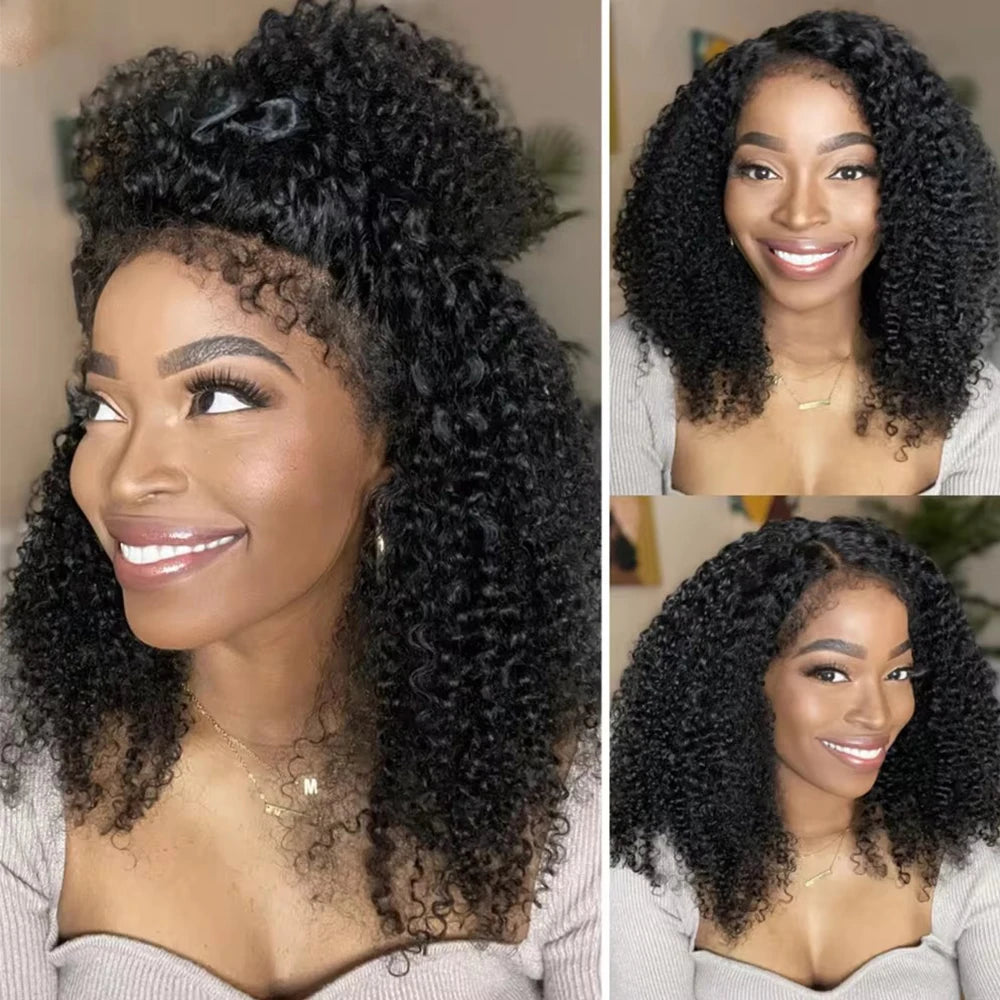 Short Bob Kinky Curly Transparent Frontal Wig With 4C Edges Lace