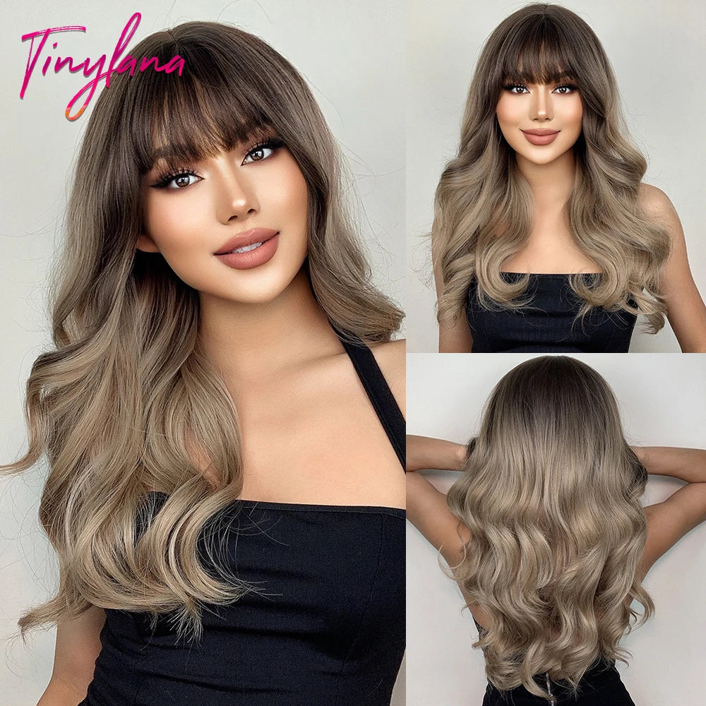 Long Curly Wavy Synthetic Wigs with Bangs