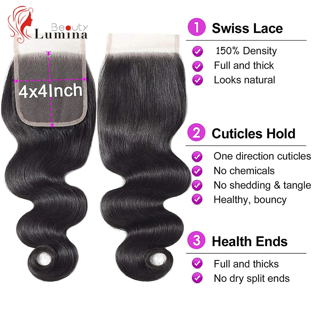 Body Wave Brazilian Remy Pre Plucked 100% Human Hair Lace Frontal or Closures
