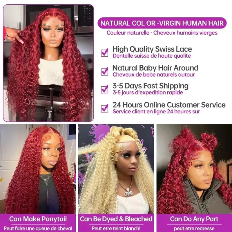 Red Curly Water Deep Wave HD Transparent Lace Frontal Human Hair Wigs