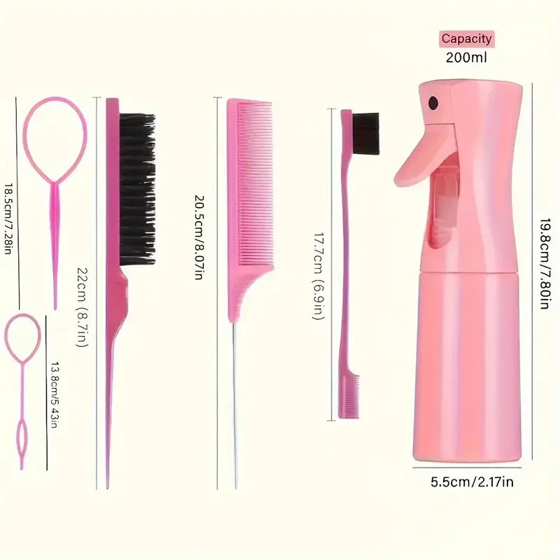 6PC Hair Brush Set - Includes Spray Bottle, 2 Hair Braiding Loops, Rat Tail Comb, Teasing Hair Brush & Edge Control Brush