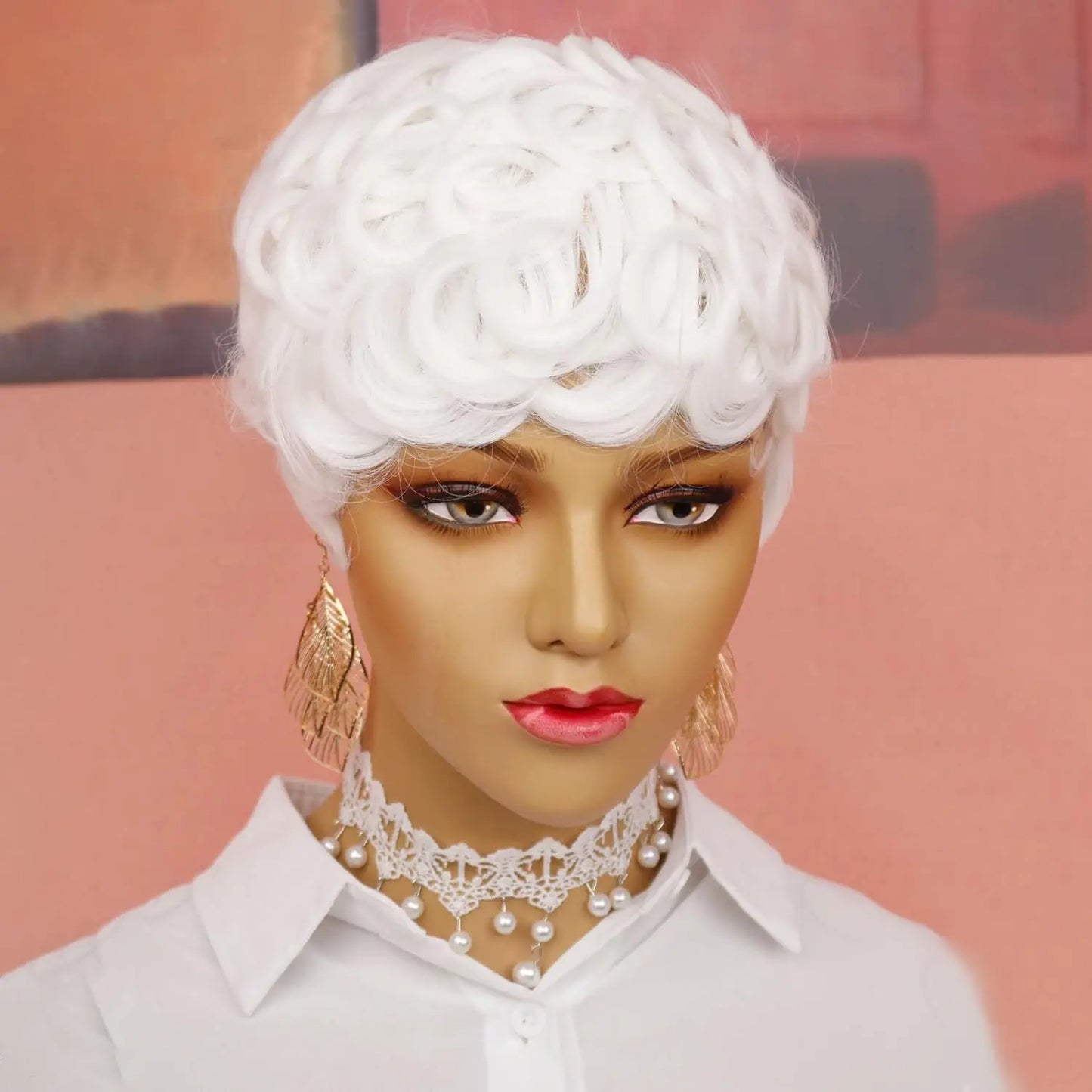 Synthetic White Short Pixie Cut Curly Wig
