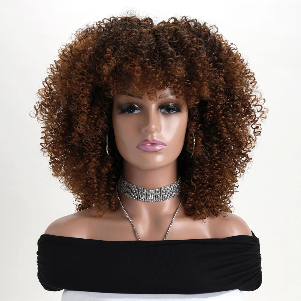 Synthetic 16 Inch Afro Kinky Curly Wigs With Bangs - Various Colors Available