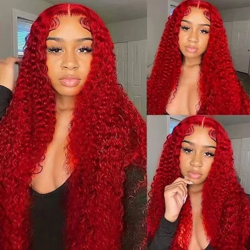 Red Curly Water Deep Wave HD Transparent Lace Frontal Human Hair Wigs
