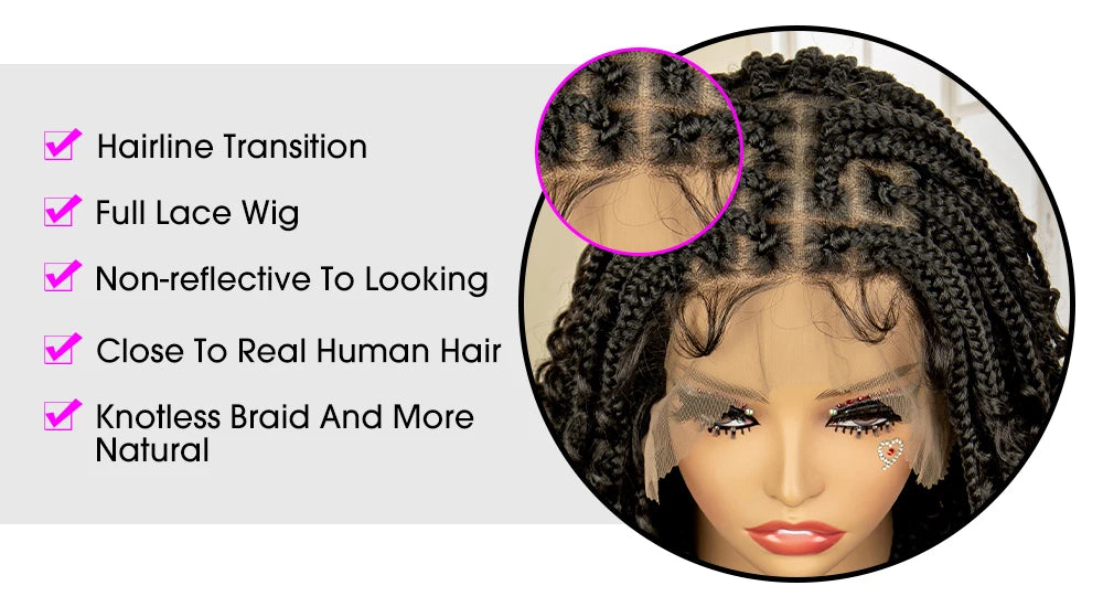 14 Inches Short Box Braided Full Lace Synthetic Boho Wigs  - Various Colors Available