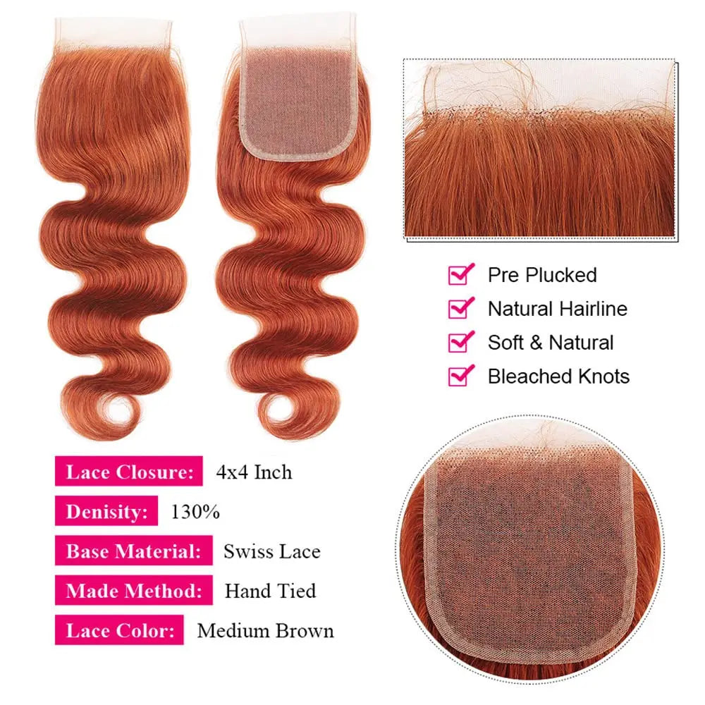 Ginger Orange HairUGo Brazilian Human Hair Lace Closures With Baby Hair - Various Options Available
