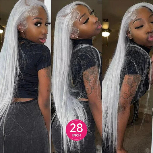 Silver Grey Brazilian Bone Straight or Body Wave - Pre Plucked Lace Front Human Hair Wig