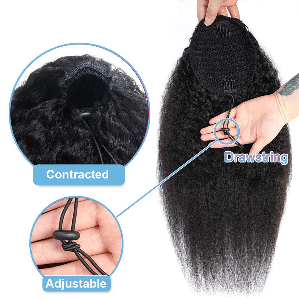 Yaki Straight 100% Human Hair Wrap Around Drawstring Ponytail Natural Black 1B