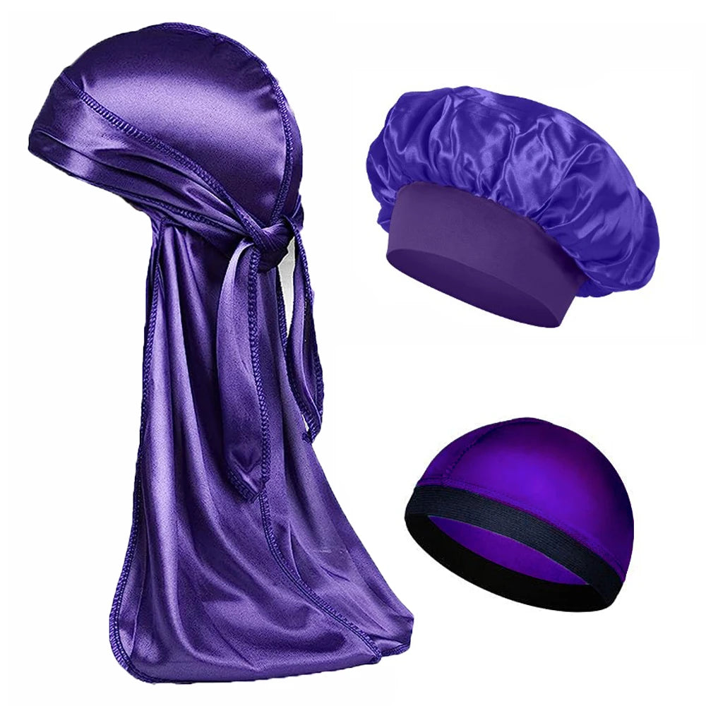 3PCS High Quality Satin Silky Unisex Bonnet, Head Wrap Elastic Band Cap, Durag, Sleeper Cap