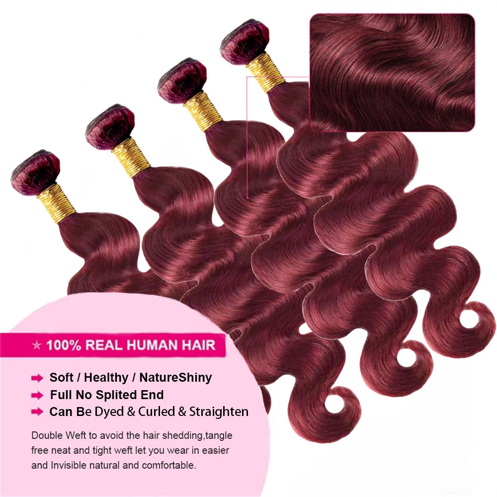 Burgundy Body Wave Bundles With Frontal 13x4 Lace 100% Human Hair Bundles With Closure